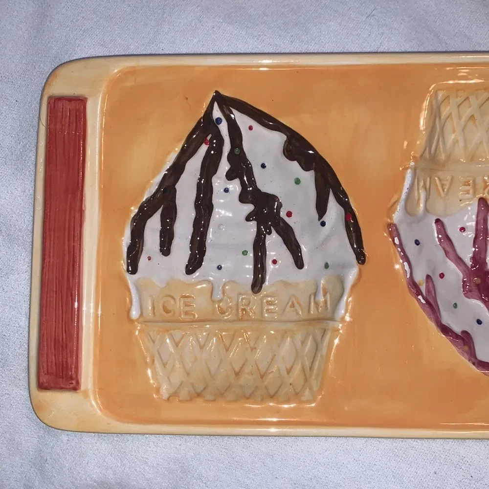Ice Cream Novelty Serving Platter Plates Living Art 5 Piece Set Brown Pink White